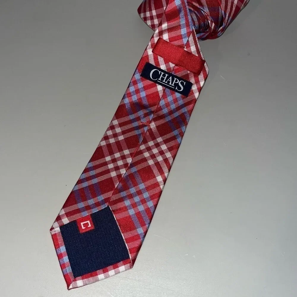 Mens Red White Blue Chaps plaid Tie Handmade 100% silk hand made